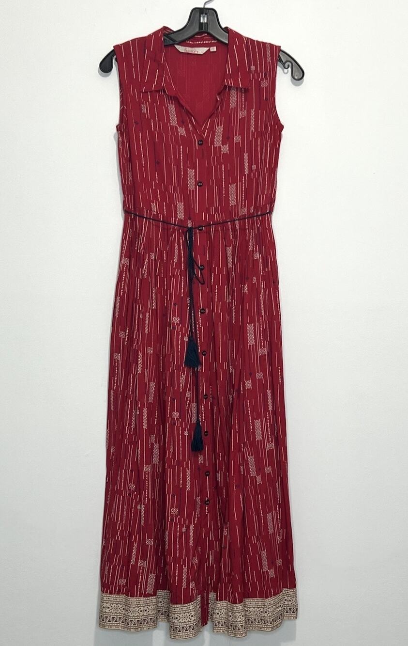 Fusion Red Boho Midi Dress XS Button Front Tassel Tie Tribal Print